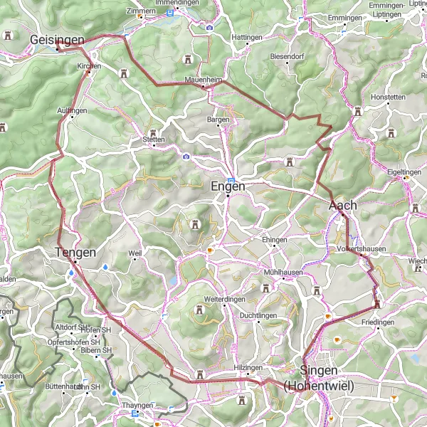 Map miniature of "The Hegau Adventure" cycling inspiration in Freiburg, Germany. Generated by Tarmacs.app cycling route planner