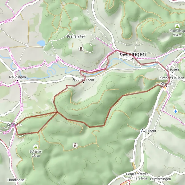 Map miniature of "Geisingen Gravel Playground" cycling inspiration in Freiburg, Germany. Generated by Tarmacs.app cycling route planner