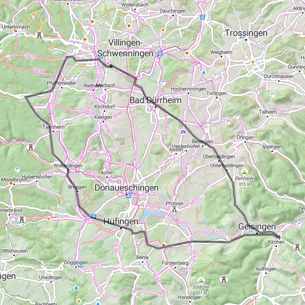 Map miniature of "Geisingen Hills and Beyond" cycling inspiration in Freiburg, Germany. Generated by Tarmacs.app cycling route planner