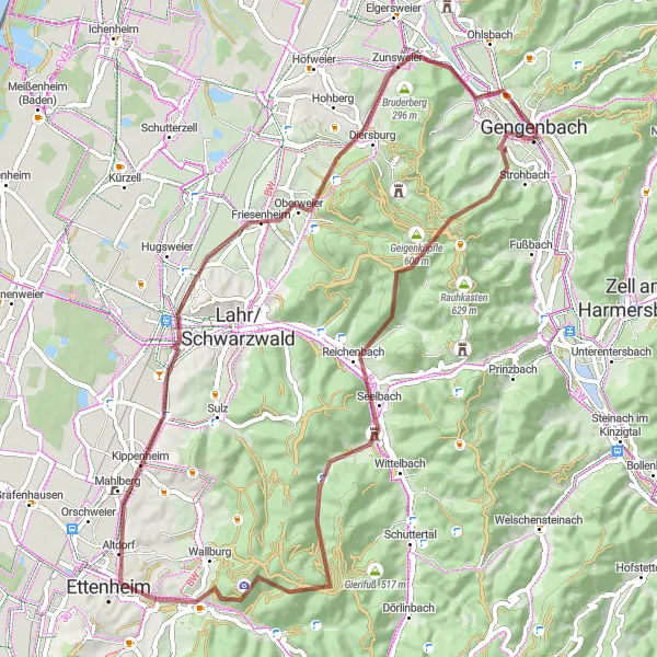 Map miniature of "Exploring the Hills of Gengenbach" cycling inspiration in Freiburg, Germany. Generated by Tarmacs.app cycling route planner