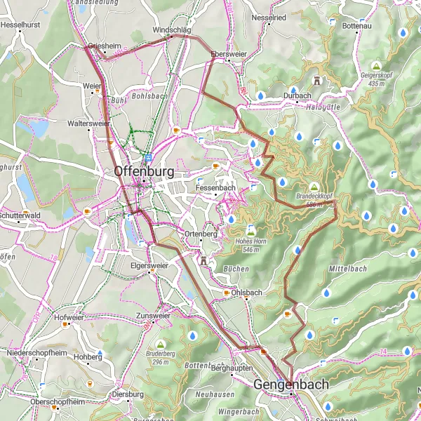 Map miniature of "Gravel Adventure of Gengenbach" cycling inspiration in Freiburg, Germany. Generated by Tarmacs.app cycling route planner