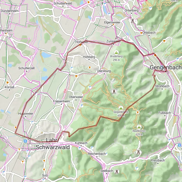 Map miniature of "Scenic Gravel Routes of Gengenbach" cycling inspiration in Freiburg, Germany. Generated by Tarmacs.app cycling route planner