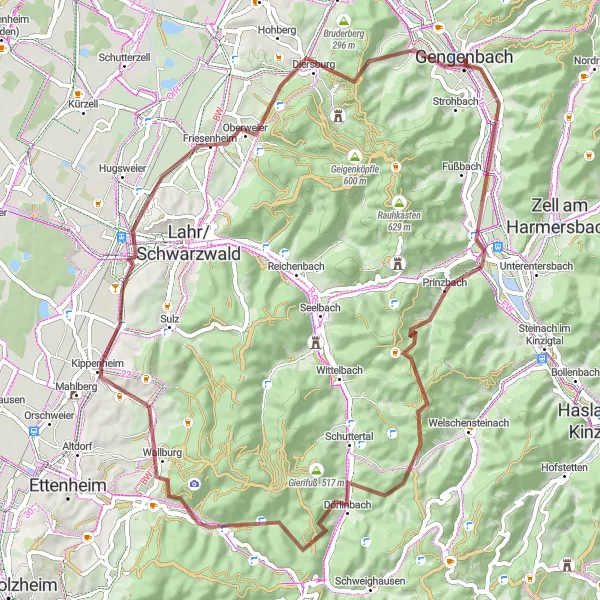 Karten-Miniaturansicht der Radinspiration "Herausfordernde Gravel-Tour durch die Natur" in Freiburg, Germany. Erstellt vom Tarmacs.app-Routenplaner für Radtouren