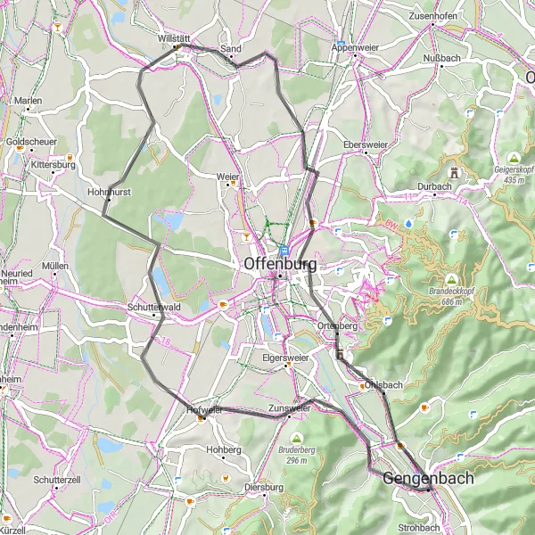 Map miniature of "Countryside Roads of Gengenbach" cycling inspiration in Freiburg, Germany. Generated by Tarmacs.app cycling route planner