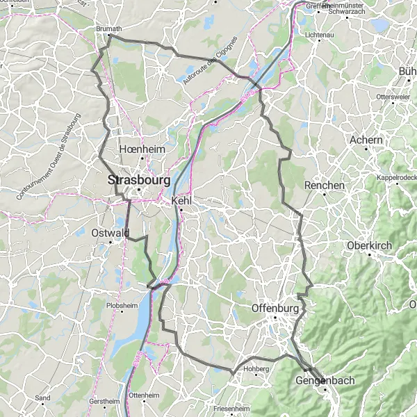 Map miniature of "The Gengenbach Loop" cycling inspiration in Freiburg, Germany. Generated by Tarmacs.app cycling route planner