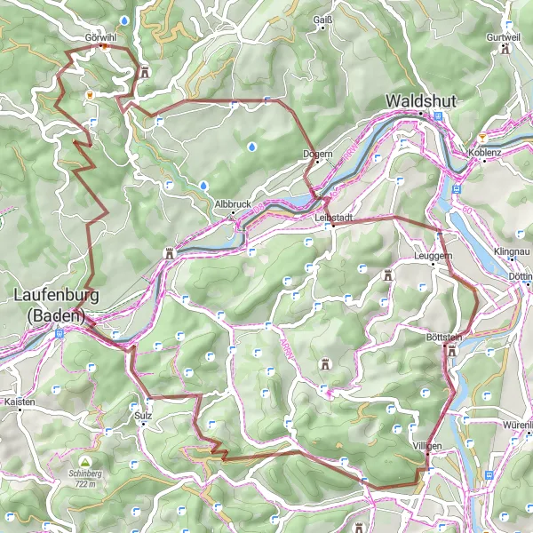 Map miniature of "Rhine River Gravel Adventure" cycling inspiration in Freiburg, Germany. Generated by Tarmacs.app cycling route planner