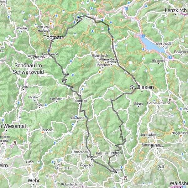 Map miniature of "Black Forest Grand Circle" cycling inspiration in Freiburg, Germany. Generated by Tarmacs.app cycling route planner