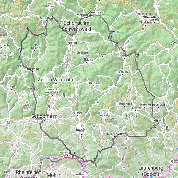 Map miniature of "Oberwihl to Görwihl Road Adventure" cycling inspiration in Freiburg, Germany. Generated by Tarmacs.app cycling route planner