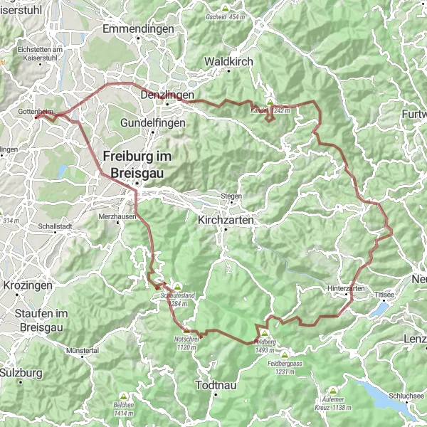 Map miniature of "Gottenheim Gravel Adventure" cycling inspiration in Freiburg, Germany. Generated by Tarmacs.app cycling route planner