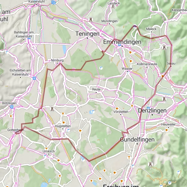 Map miniature of "Gravel Adventure: Gottenheim Loop" cycling inspiration in Freiburg, Germany. Generated by Tarmacs.app cycling route planner