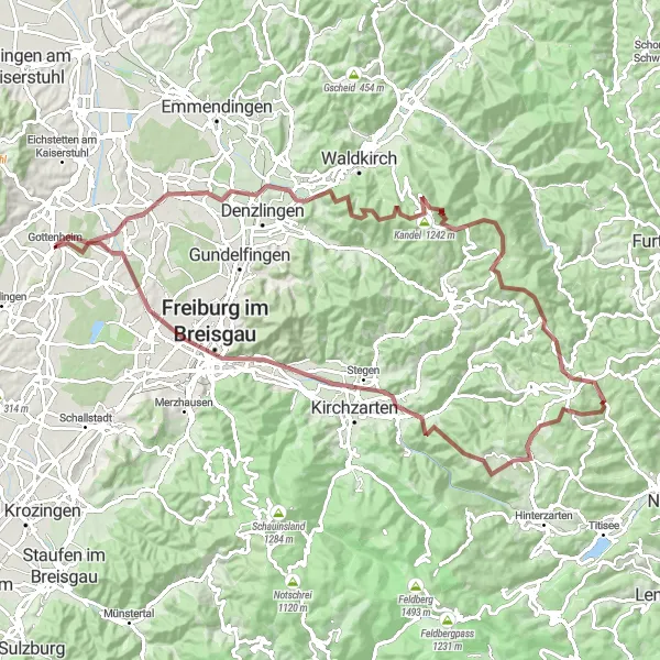 Map miniature of "Stunning Black Forest Gravel" cycling inspiration in Freiburg, Germany. Generated by Tarmacs.app cycling route planner