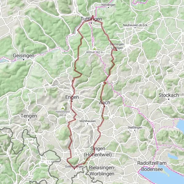 Map miniature of "The Gravel Adventure: Gottmadingen to Breathtaking Hohentwiel" cycling inspiration in Freiburg, Germany. Generated by Tarmacs.app cycling route planner