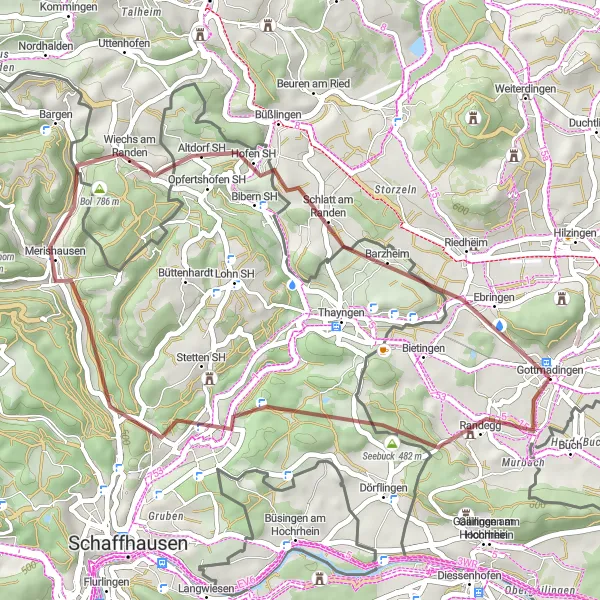 Karten-Miniaturansicht der Radinspiration "Rund um Gottmadingen" in Freiburg, Germany. Erstellt vom Tarmacs.app-Routenplaner für Radtouren