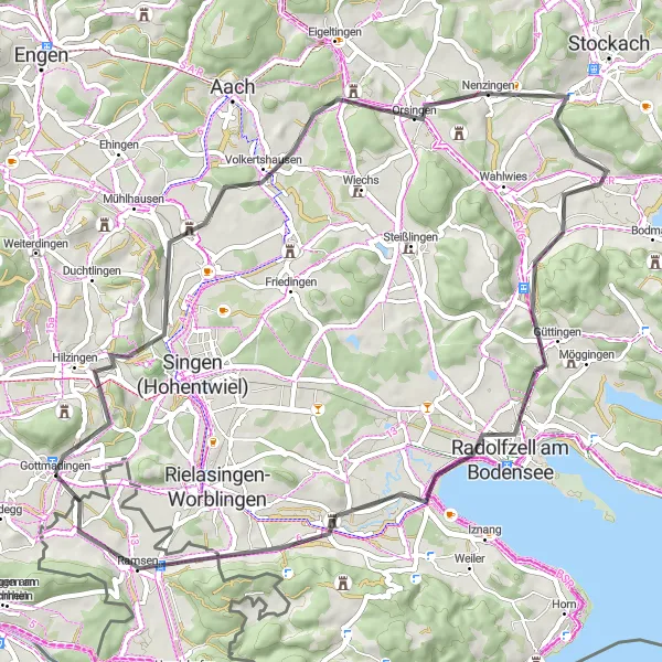 Map miniature of "Road Cycling to Ramsen" cycling inspiration in Freiburg, Germany. Generated by Tarmacs.app cycling route planner