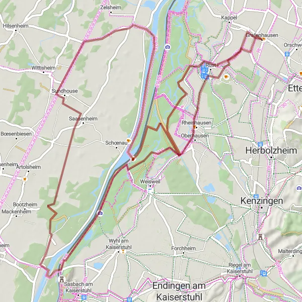 Map miniature of "Gravel Adventure to Wyhl" cycling inspiration in Freiburg, Germany. Generated by Tarmacs.app cycling route planner