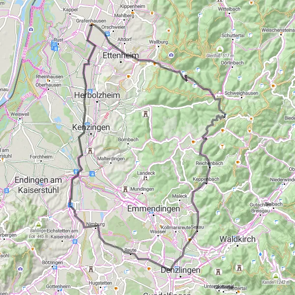Map miniature of "The Road to Heubachbühl" cycling inspiration in Freiburg, Germany. Generated by Tarmacs.app cycling route planner