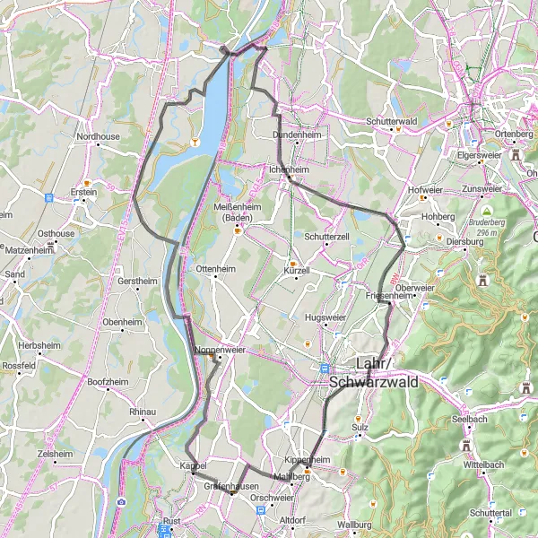 Map miniature of "The Rhine Canal and Surrounding Villages" cycling inspiration in Freiburg, Germany. Generated by Tarmacs.app cycling route planner