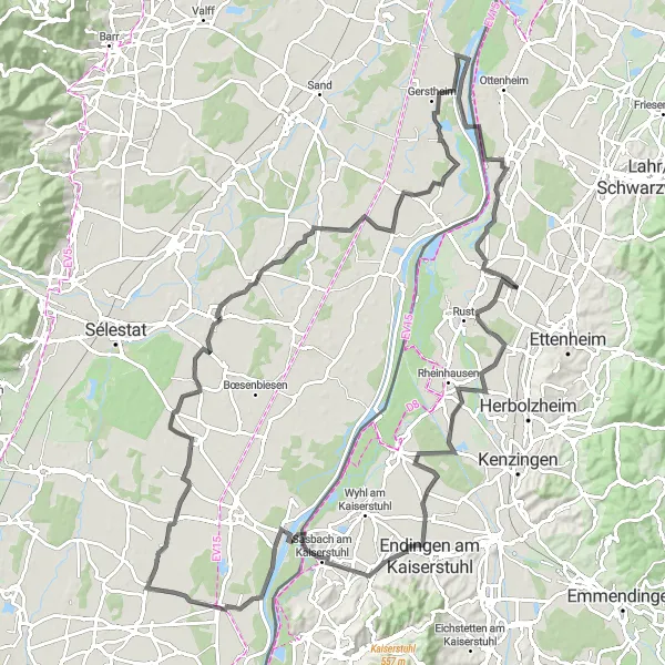 Map miniature of "The Road to Königschaffhausen" cycling inspiration in Freiburg, Germany. Generated by Tarmacs.app cycling route planner