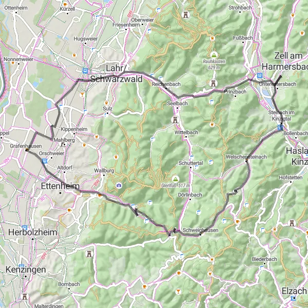 Map miniature of "Challenge the Hills of Freiburg" cycling inspiration in Freiburg, Germany. Generated by Tarmacs.app cycling route planner