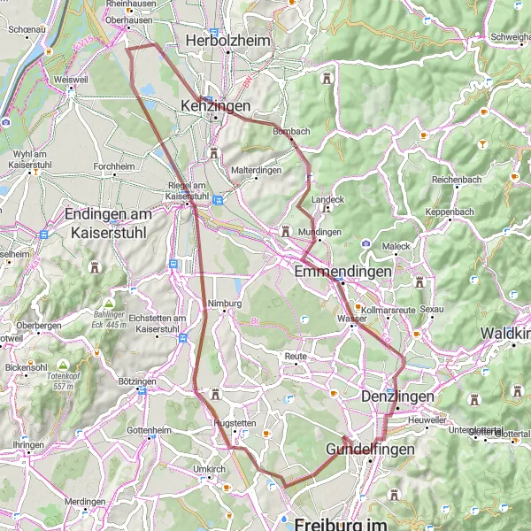 Map miniature of "The Gravel Adventure: Landwasser and Kaiserstuhl" cycling inspiration in Freiburg, Germany. Generated by Tarmacs.app cycling route planner