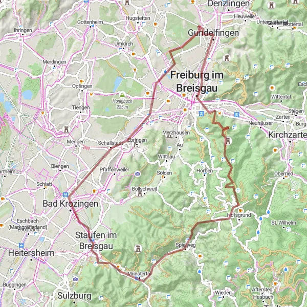 Map miniature of "Gateway to the Black Forest" cycling inspiration in Freiburg, Germany. Generated by Tarmacs.app cycling route planner