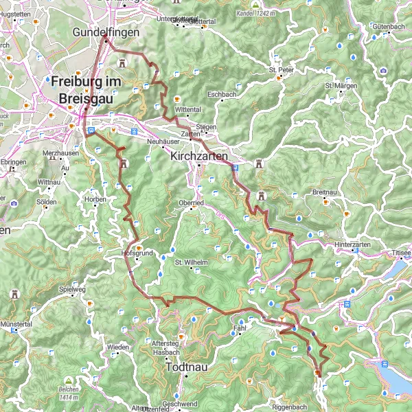 Map miniature of "Challenging Gravel Adventure: Conquer the Black Forest" cycling inspiration in Freiburg, Germany. Generated by Tarmacs.app cycling route planner