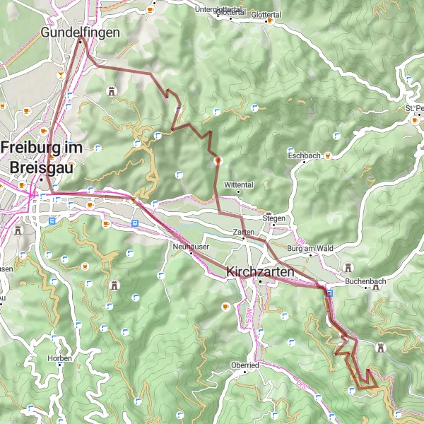 Karten-Miniaturansicht der Radinspiration "Rundtour durchs Dreisamtal und Kaiserstuhl" in Freiburg, Germany. Erstellt vom Tarmacs.app-Routenplaner für Radtouren