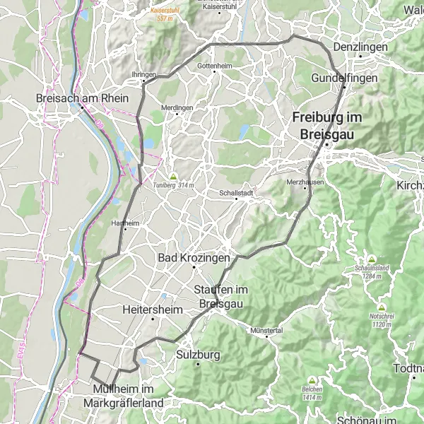 Map miniature of "Cycling Tour: A Scenic Ride Through the Breisgau Region" cycling inspiration in Freiburg, Germany. Generated by Tarmacs.app cycling route planner