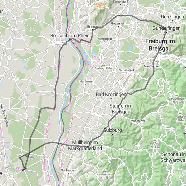 Map miniature of "Breisgau Classic" cycling inspiration in Freiburg, Germany. Generated by Tarmacs.app cycling route planner
