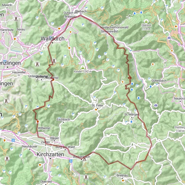 Karten-Miniaturansicht der Radinspiration "Gravel-Abenteuer von Simonswald nach Waldkirch" in Freiburg, Germany. Erstellt vom Tarmacs.app-Routenplaner für Radtouren