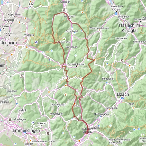 Map miniature of "Back to Nature" cycling inspiration in Freiburg, Germany. Generated by Tarmacs.app cycling route planner