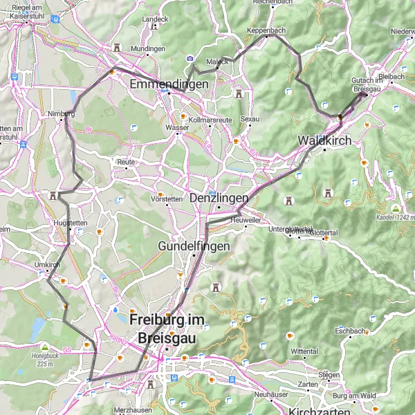 Map miniature of "Charming Villages" cycling inspiration in Freiburg, Germany. Generated by Tarmacs.app cycling route planner