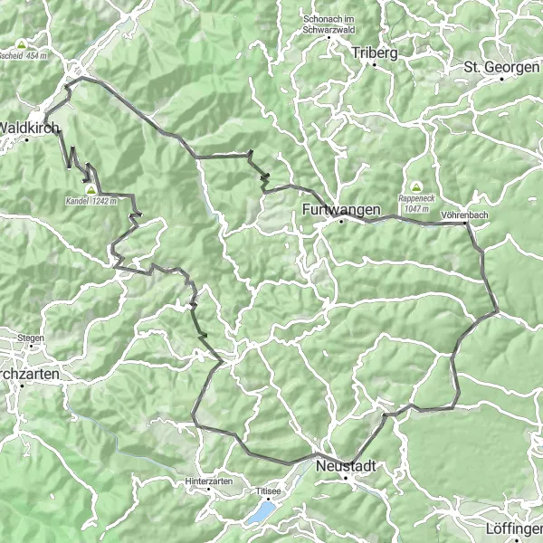 Map miniature of "The Road Less Traveled" cycling inspiration in Freiburg, Germany. Generated by Tarmacs.app cycling route planner