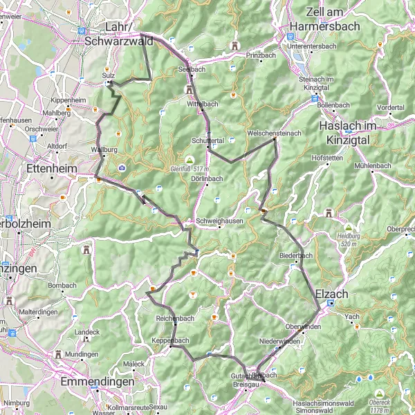 Map miniature of "The Scenic Route" cycling inspiration in Freiburg, Germany. Generated by Tarmacs.app cycling route planner