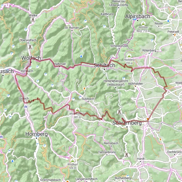 Map miniature of "Gravel Adventure in the Black Forest" cycling inspiration in Freiburg, Germany. Generated by Tarmacs.app cycling route planner