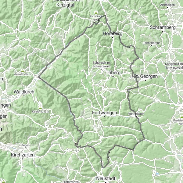 Map miniature of "Challenging Black Forest Road Adventure" cycling inspiration in Freiburg, Germany. Generated by Tarmacs.app cycling route planner