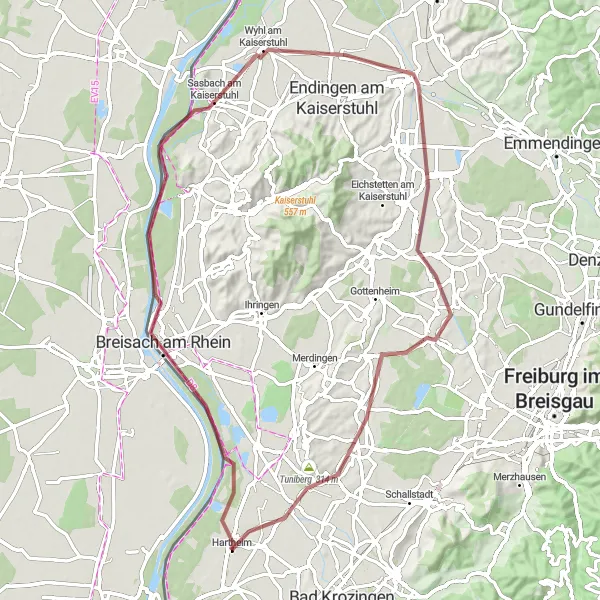 Karten-Miniaturansicht der Radinspiration "Weinberge am Kaiserstuhl" in Freiburg, Germany. Erstellt vom Tarmacs.app-Routenplaner für Radtouren