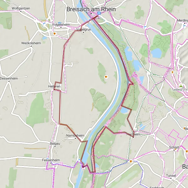 Karten-Miniaturansicht der Radinspiration "Naturschönheiten am Rheinufer" in Freiburg, Germany. Erstellt vom Tarmacs.app-Routenplaner für Radtouren