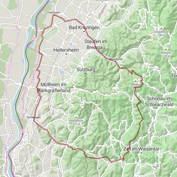 Karten-Miniaturansicht der Radinspiration "Rundweg über Krozinger Berg und Wieslet" in Freiburg, Germany. Erstellt vom Tarmacs.app-Routenplaner für Radtouren
