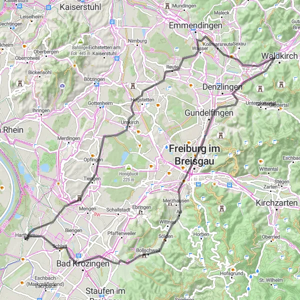 Karten-Miniaturansicht der Radinspiration "Tour zum Tuniberg und Waldkirch" in Freiburg, Germany. Erstellt vom Tarmacs.app-Routenplaner für Radtouren