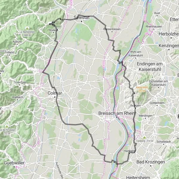 Karten-Miniaturansicht der Radinspiration "Panorama-Tour durch das Kaiserstuhl-Gebiet" in Freiburg, Germany. Erstellt vom Tarmacs.app-Routenplaner für Radtouren