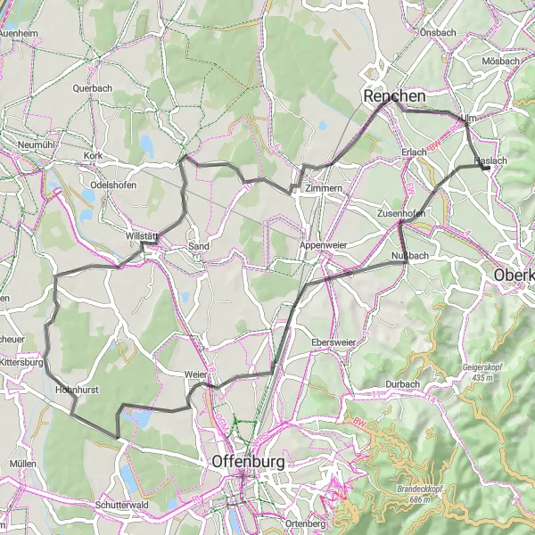 Karten-Miniaturansicht der Radinspiration "Rundtour durch das Renchtal" in Freiburg, Germany. Erstellt vom Tarmacs.app-Routenplaner für Radtouren