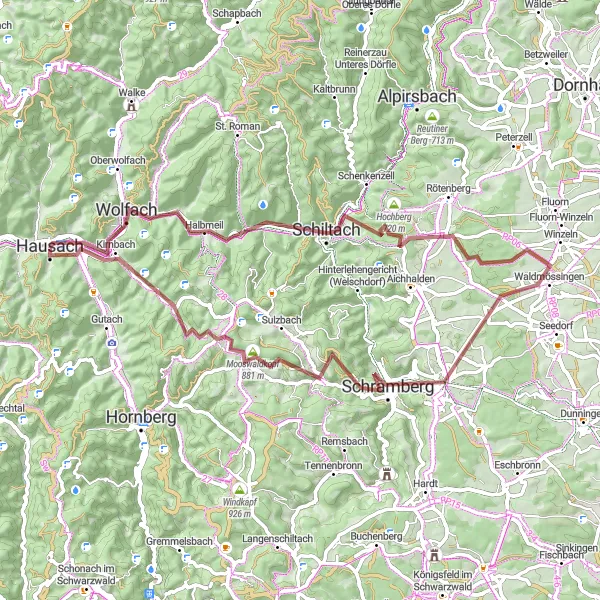 Map miniature of "Hexentanzplatz and Back: A Gravel Adventure near Hausach" cycling inspiration in Freiburg, Germany. Generated by Tarmacs.app cycling route planner