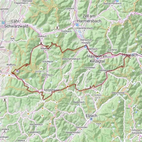 Map miniature of "Wolfach Gravel Cycling Route" cycling inspiration in Freiburg, Germany. Generated by Tarmacs.app cycling route planner