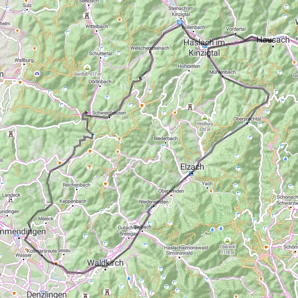 Karten-Miniaturansicht der Radinspiration "Burg Husen und Eichbergturm Rundfahrt" in Freiburg, Germany. Erstellt vom Tarmacs.app-Routenplaner für Radtouren
