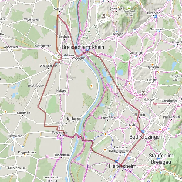Karten-Miniaturansicht der Radinspiration "Gravel-Tour durch Fessenheim und Bad Krozingen" in Freiburg, Germany. Erstellt vom Tarmacs.app-Routenplaner für Radtouren