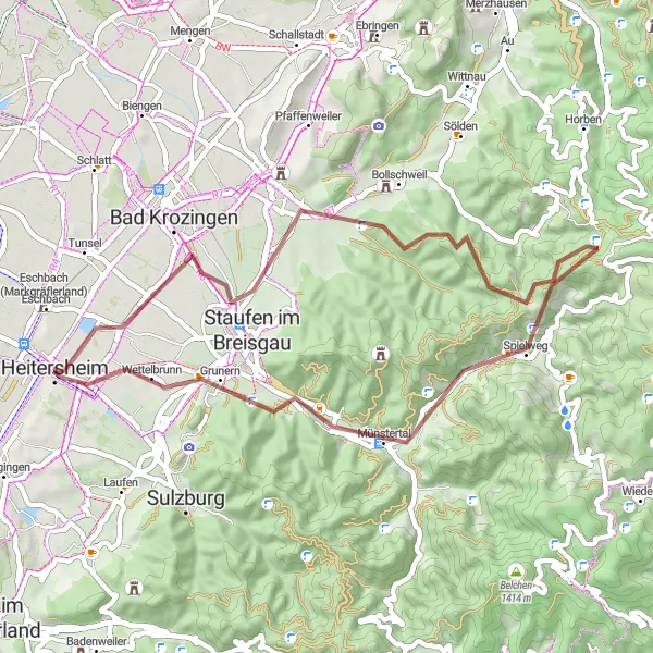 Map miniature of "Gravel Adventure: Off the Beaten Path" cycling inspiration in Freiburg, Germany. Generated by Tarmacs.app cycling route planner