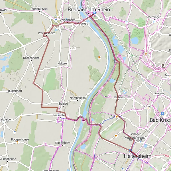 Karten-Miniaturansicht der Radinspiration "Gravel-Route durch Fessenheim und Eschbach" in Freiburg, Germany. Erstellt vom Tarmacs.app-Routenplaner für Radtouren
