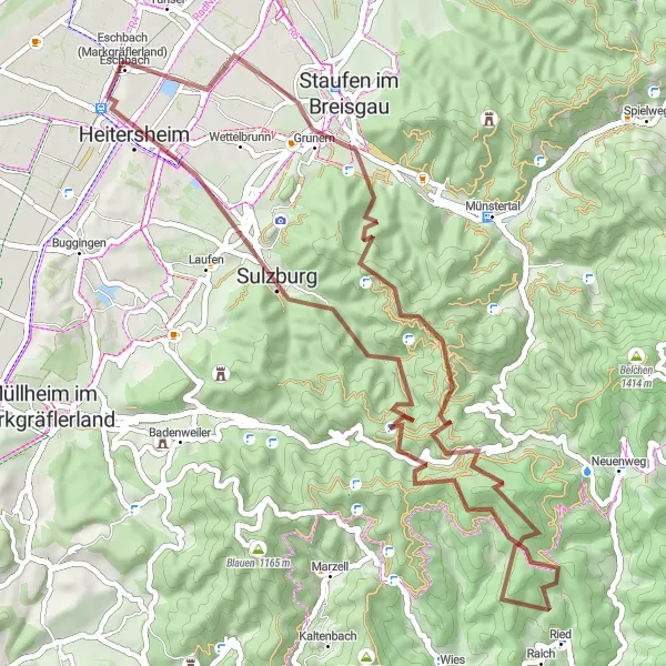 Karten-Miniaturansicht der Radinspiration "Gravel-Abenteuer über Kastelberg und Katzenstuhl" in Freiburg, Germany. Erstellt vom Tarmacs.app-Routenplaner für Radtouren