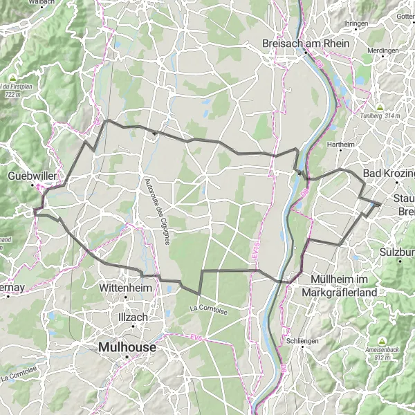 Map miniature of "Riverside Ride: Exploring the Rhine Valley" cycling inspiration in Freiburg, Germany. Generated by Tarmacs.app cycling route planner